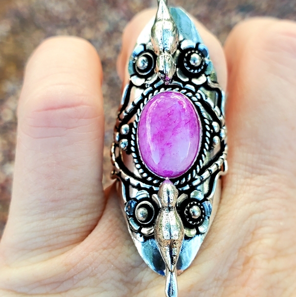 New Pink Rainbow Moonstone 925 Silver Birds Statement Ring. - Picture 5 of 16
